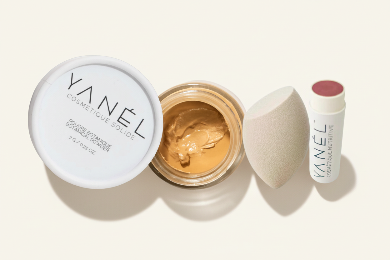 poudre libre, fond de teint, éponge maquillage, bâton universel 3 en 1