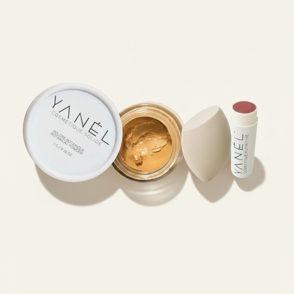poudre libre, fond de teint, éponge maquillage, bâton universel 3 en 1